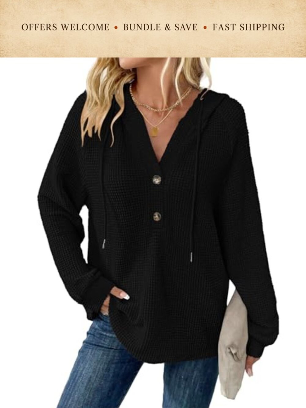 Waffle Knit Hoodie V Neck Button Down Long Sleeve Oversized Sweatshirt
